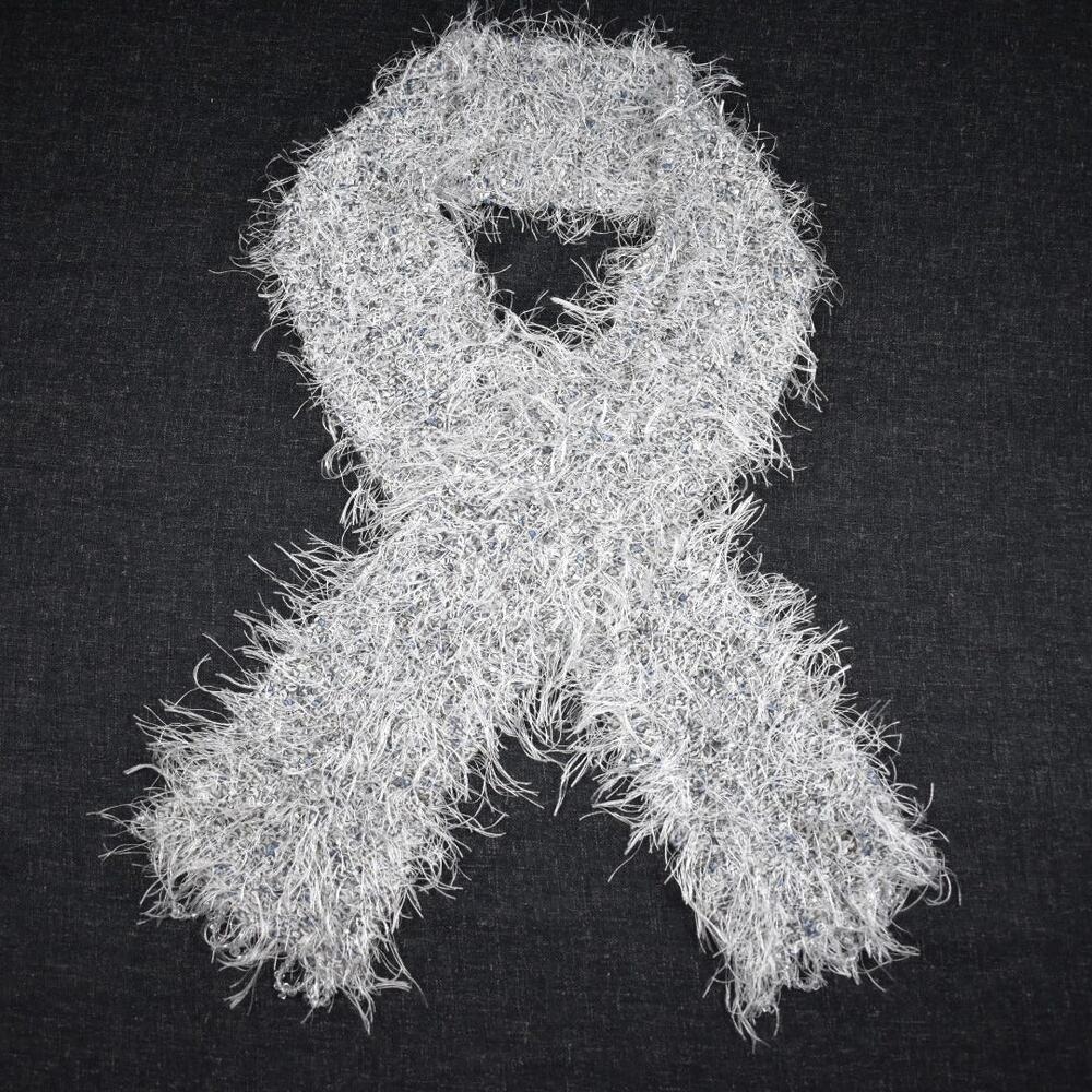 Y2K Eyelash Yarn Skinny Scarf White Gray Beaded Fairycore Whimsigoth Coqeutte